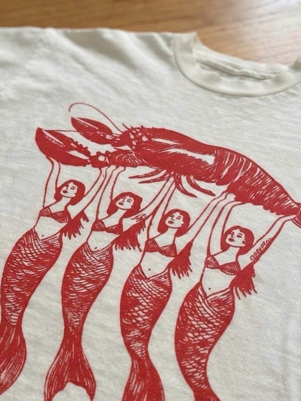 White Graphic Swim T-Shirt with Red Lobster & Mermaids - Picture 2 of 2